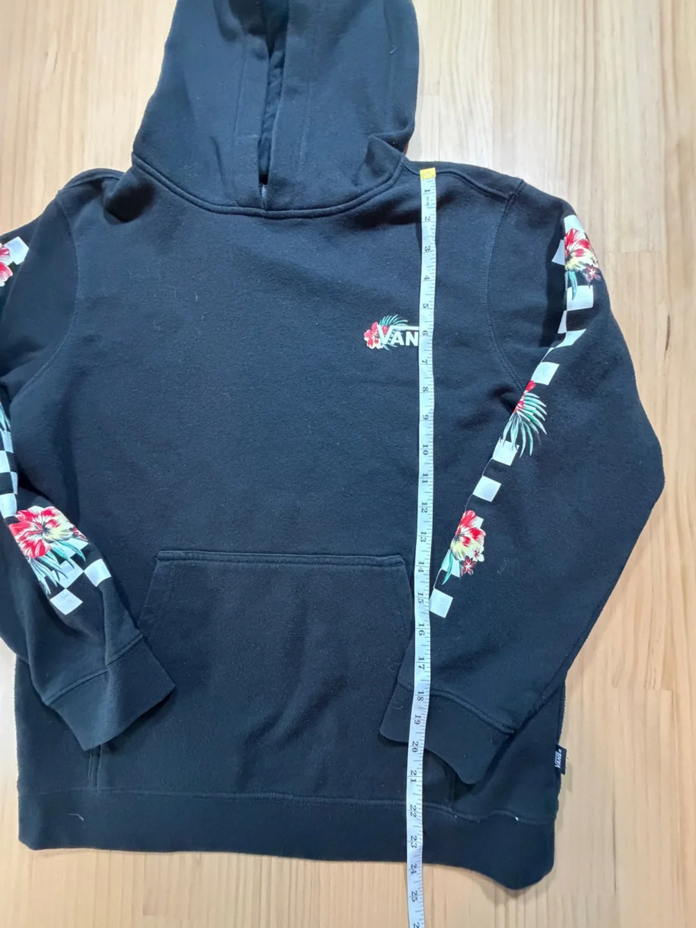 Vans Black Crewneck Hoodie with Floral Checker Sleeve Accents B7